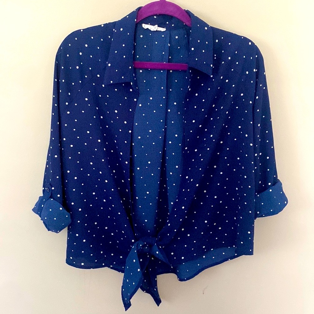 Navy and White Speckled Front Tie Top